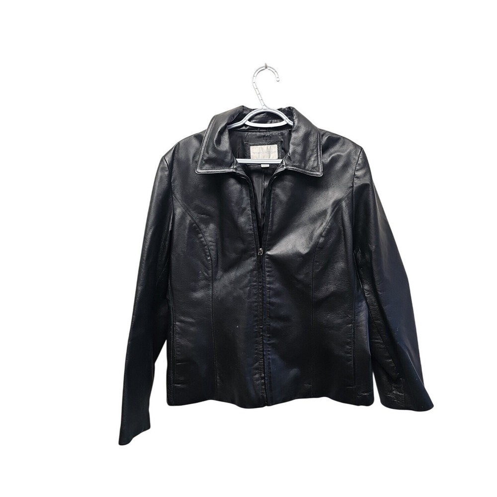 Ladies Worthington Leather Jacket Size Large Black Full Zip Dress Coat